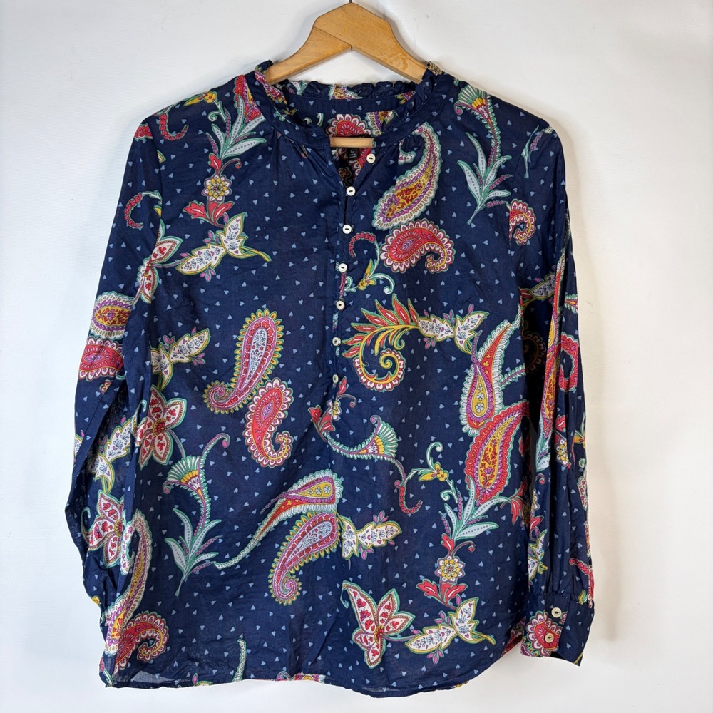 Talbots Blouse Women LP Navy Blue Paisley Floral Cotton Ruffle Neck Top